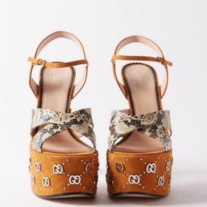 Gucci Women's Natural Janaya Leather And Suede Platform Sandals logo size 36 new